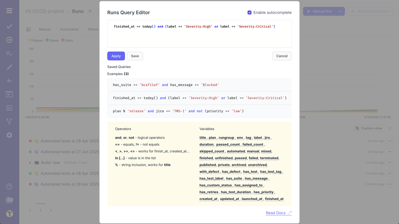 Testomatio.io - Query Language Variables